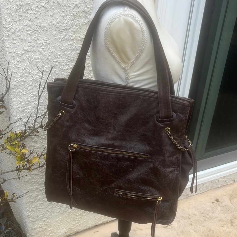 Foley + Corinna Brown Distressed Leather Purse with Antique Bronze Chain Detail